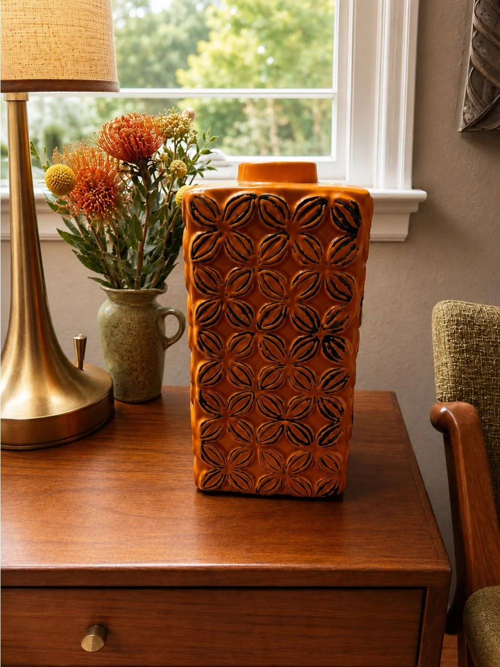 Vintage MCM Orange Ceramic Vase Geometric Retro Decor